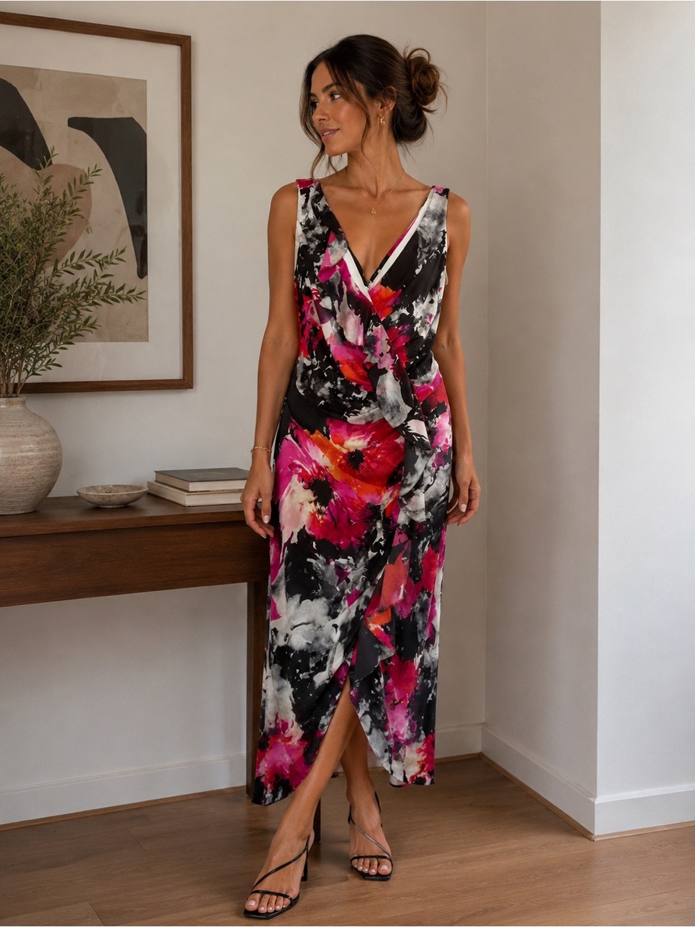 Carmen Marc Valvo Asymmetrical Dress in Black and Pink